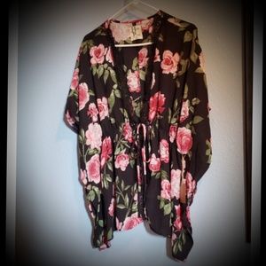 Haute Project Kimono Top in Black with Pink Roses